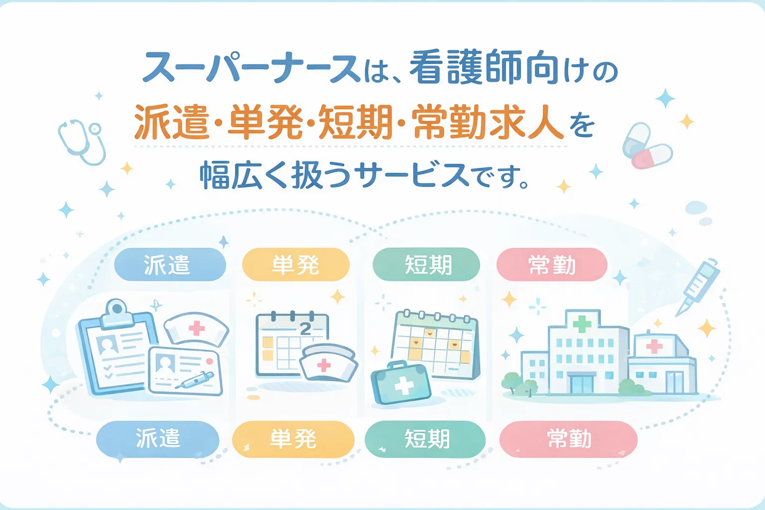 スーパーナースは看護師向けの派遣、単発、短期、常勤求人を幅広く扱うサービスです